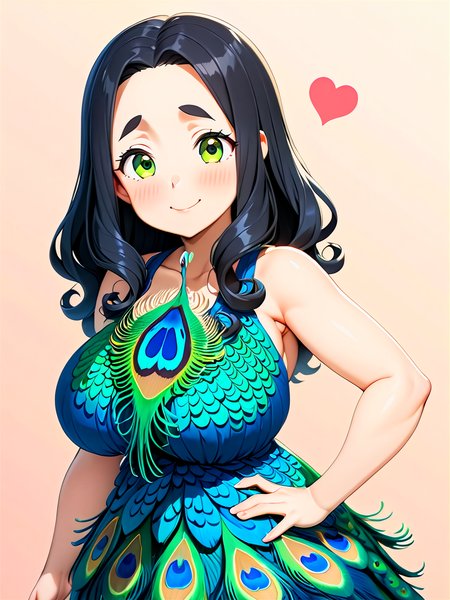 anime, best quality, (masterpiece:1.4), (high quality:1.4), sharp focus, 4k, absurd resolution, detailed hands, curly hair, long hair, (black hair:1.6), 1girl, mature female, (parted hair:1.7), (round face), <lora:ETO_OC_XL:0.7>, (thick eyebrows:0.9), (plump:0.8), round-chin, (greenish brown eyes), (brownish green eyes), caucasian, down-turned eyes, blush, 1girl, (forehead:0.75), shy, timid, smile, hearts, <lora:hinaMaybeBetterPoseXL_v2:0.8> <lora:peacock_feather_dress-XL-1.0:0.8> peacock feather dress, (Standing, one hand on the hip, the other arm extended,)
