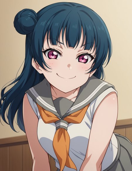 score_9, score_8_up, score_7_up, source_anime, <lora:yoshiko-tsushima-s2-ponyxl-lora-nochekaiser:1>, yoshiko tsushima, long hair, bangs, blue hair, pink eyes, hair bun, single hair bun, single side bun,, shirt, school uniform, white shirt, serafuku, neckerchief, uranohoshi school uniform, orange neckerchief, sleeveless, skirt, pleated skirt, grey skirt,, indoors, bent over, smile, smug, looking at viewer, solo,, cowboy shot, dutch angle