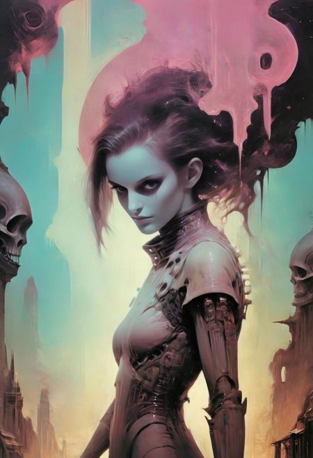 district 9 cover art style, Surreal Collage, vibrant Pastel Tones, Closeup Portrait, dystopian dune theme,
smiling Petite Female punisher stance aeldari, Lifting arm in ancient Sci-fi translucent light, luminous digital letters starwars abyss devouring reality in the Background, dystopian Sci-fi Scene By Giger, ethereal, thermal, very detailed, HD,