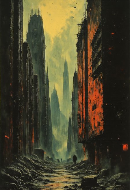 This surreal artwork depicting a dystopian cityscape under a heavy rainstorm. The scene is dominated by a massive, rusted, and decaying scifi structure on the right side, painted in shades of red and dark, with a texture that suggests years of neglect. This structure appears to be a towering, vertical building with numerous windows and vents, some of which are cracked or missing.
In the background, the cityscape features a mix of futuristic and industrial architecture, including towering strange skyscrapers and large, cylindrical structures, all covered in a thick layer of rain. The buildings are predominantly dark gray and black, with a few spots of light, possibly from streetlights or neon signs, adding contrast. The raindrops are depicted as tiny specks, creating a sense of heaviness and gloom.
In the background, a silhouettes is partially visible,  obscured by the rain,lurking, which hints at a dark fantasy or sci-fi element. The overall mood is bleak and desolate, with a focus on the harsh, gritty textures and the overwhelming presence of the rain.reflections,best quality,masterpiece,detailed,rich neon colors,glow,shimmer,color contrast,award-winning,disturbing,hard science fiction, melancholy,sepia,(close-up),
H.R.Giger
Zdzisław Beksiński,
Philippe druillet
John Berkey
Nicola Samori
john  grimshaw