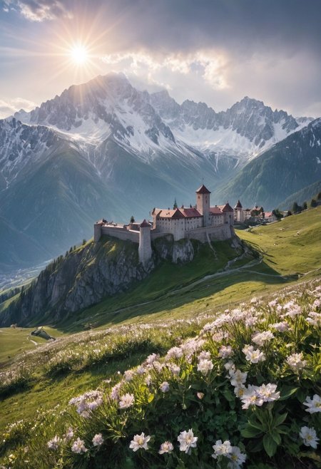 alpine landscape, gloomy old fortress on the slopes of the mountains, flowers and sun, snow-capped mountain peaks in the background, pastoral, detailed drawing, liner, backlight, delicate colors.