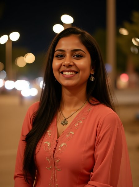 night-time photo of an desi lady, wearing dark Apricot colored Salwar Kameez, happy and smiling, solo focus, city light in background bokeh , cinematic soft lightingâââ,â<lora:TestBed\Desi_Coffee_Flux_Kohya_LoHa_v2.safetensors:1.0:1.0>