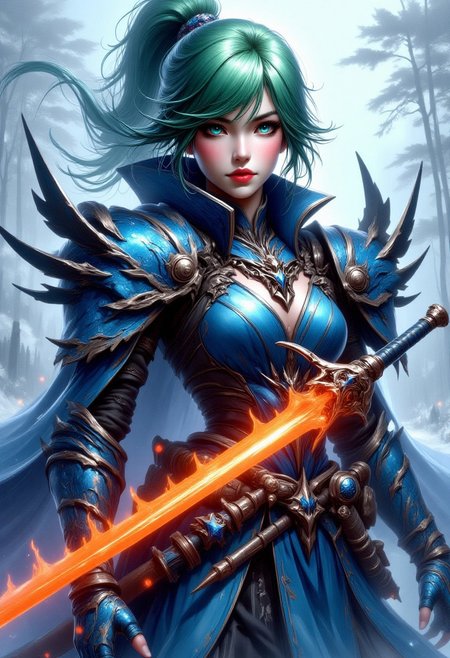 FFAOR, inksketch, 1woman, Frost Blue armor, sky blue eyes, orange glowing sword, cherry red lips, pine green hair, beautiful