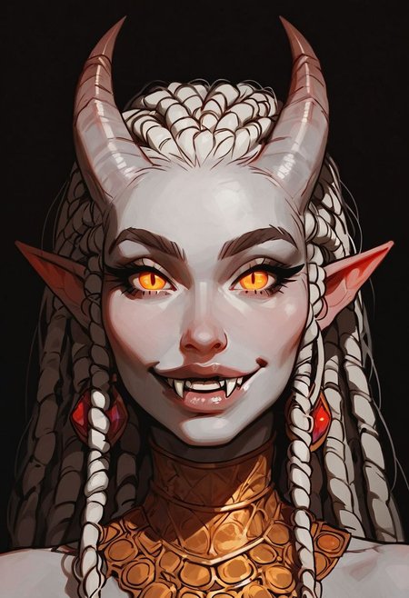 score_9, score_8_up, score_7_up, 1girl, female, tiefling, horns, pale white skin, visible veins, busty, sheer blouse, saggy boobs, mage robes, white dreadlocks, greying hair, gold beads in her hair, fangs, smile lines, in a wizards tower, halfbody Portrait, focus from Front, close up, naughty smile, looking at viewer, wide eyes, arched back