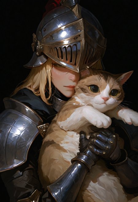 masterpiece, best quality, amazing quality, very aesthetic, absurdres,  newest, 
1girl, portrait, black background, knight helmet, hugging a cat, photorealistic