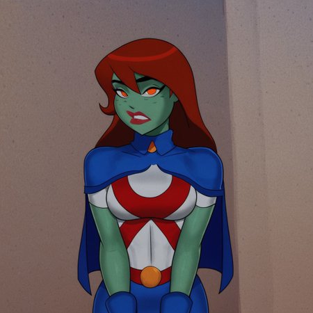 score_9, score_8_up, score_7_up, 1girl, solo, lipstick, red hair, long hair, orange eyes, colored skin, green skin, breast, blue cape, blue skirt, gloves, superhero, MissMartianSU, looking at viewer, indoors