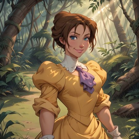score_9, score_8, BREAK, solo, Jane Porter, 1girl, brown hair, blue eyes, short hair, single hair bun, yellow victorian style dress, puffy sleeves, white gloves, purple cravat, makeup, pink lips, sexy pose, self portrait, smile, outdoors, sunlight, shadows, evening lighting, natural lighting, jungle, trees, grass, orange sky, sunset