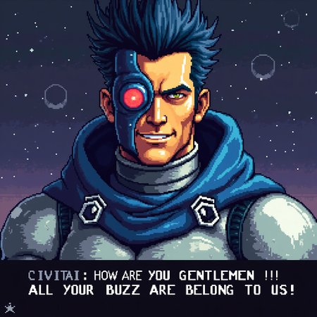 Pixelated 16-bit video game screenshot with detailed shading, The background is a starry night sky. a front view closeup portrait of an arrogant man with olive skin, tall dark blue spiked hair, a cybernetic mask covers the left side of his face, wearing a blue cloak over a silver spacesuit with a tall collar. His left eye is a red LED. He is smirking.  There is a white hexagonal C shaped clasp on his collar The lower third of the screen is black. In a white retro 16bit pixelated font a left-justified caption states: "CIVITAI: HOW ARE YOU GENTLEMEN !!",and on the next line: "ALL YOUR BUZZ ARE BELONG TO US"