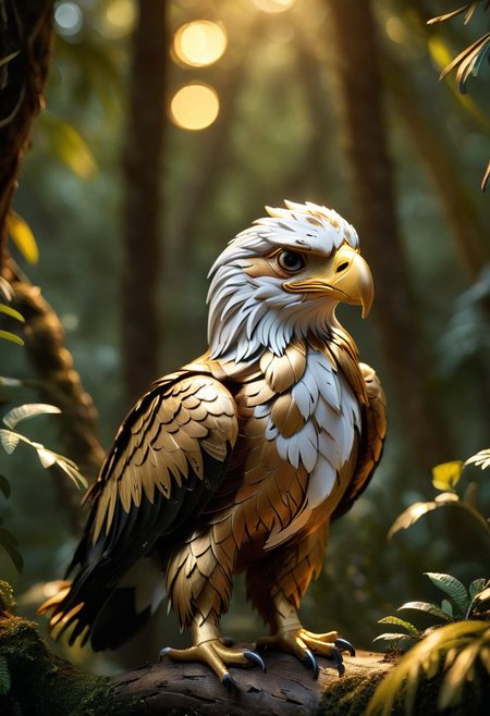 close up angle of, , ((),(3d Golden Eagle )) surrounded by jungle( ) ,animal, detailed focus, deep bokeh, beautiful, , dark cosmic background. Visually delightful , 3D,more detail XL,chibi,Rainbow kitten