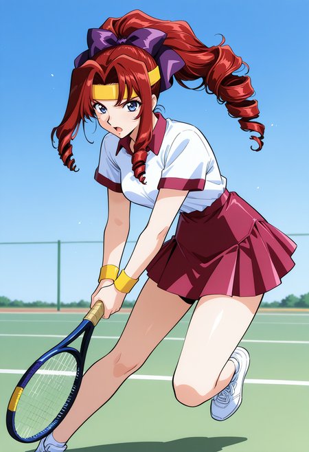 shindou_tamaki, blue eyes, red hair, long hair, drill hair, ponytail, hair ribbon, purple bow, yellow headband, yellow wristband, short sleeves, sportswear, red skirt, <lora:asuka120_shindou_tamaki_illustrious_ver1:0.8> 
serious, open mouth, tennis racket, holding, full body, attack,, masterpiece, best quality, general,, 1girl, solo, (field:1.2), (blue sky:1.2), looking at viewer,