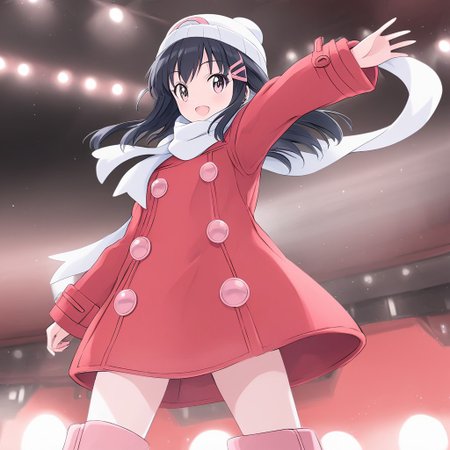 Live Music Venue,(solo),hikari(Pokémon Platinum Version),black long hair,white beanie,pink hairclip,white scarf,four pink buttons on red winter coat,white kneehighs, pink boots,(filename)