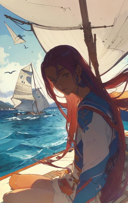 artwork <lora:Moebius:1>, outdoor at morning, 1man 35yo (Michal Dlouhý:1.3), Pixie Cut with Long Top hair do a sail, harbor, ocean