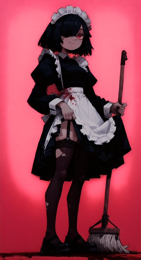 masterpiece, best quality, good quality, very awa, newest, highres, absurdres, 1girl, solo, breasts, looking at viewer, smile, short hair, simple background, black hair, long sleeves, red eyes, dress, thighhighs, holding, standing, full body, frills, shoes, puffy sleeves, black thighhighs, black footwear, hair over one eye, black dress, apron, maid, torn clothes, maid headdress, blood, garter straps, eyepatch, juliet sleeves, white apron, red background, waist apron, maid apron, frilled apron, broom, one eye covered, skirt hold, holding broom, mop, holding mop, haiz_ai, 0huton_illu,
drawing_style, <lora:illustriousXL_stabilizer_v1.23:0.3> <lora:NOOB_vp1_detailer_by_volnovik_v1:0.3> <lora:ponyv6_noobE11_2_adamW-000017:0.3> <lora:drawing_style_illustriousXL:0.39999999999999997> <lora:96YOTTEA-WAI:1> <lora:0hu_ton:0.85> <lora:haiz_ai_illu:1> <lora:namukijpg_ill:0.85>