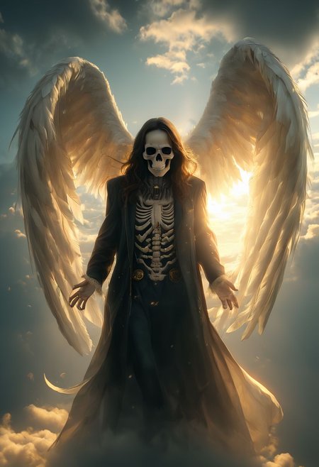 Well lit skeletal figure in nothing but black full body long sleeve robes and gray angel wings on his back. flying down from the heavens being death himself. Wielding an classic farm scythe  in his right hand with a wooden handle.. He has gray angle wings. He is reaching towards the camera with an open hand as god rays fill the gray bright cloudy sky behind him. White Feathers falling all around him. He is floating. Hand reached towards the camera. Golden sunlight depends upon the figure casting a beautiful array of God rays. Solo. A skeletal face visible under the hood. Golden glowing white feathers falling across the sky. It's a beautiful enchanted shot depicting death claiming a soul. The figure is staring right at the camera. As the gray sky is pierced by the golden light of the god rays. Halloween angle. high quality. realistic 8k. best definition. angle focused. angel wings on back. alone. coming down from the sky. . the skull is dirty from aging for so long. Hyper realistic.  35mm. the immage almost looks fully real. realistic shading. likea holy photo taken of death. black robes.