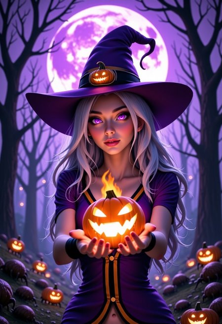 A hyper-realistic portrait of Syndraa, she is a witch and wearing a headpiece that is a witch hat. Her hat is purple, and there is a small laughing pumpkin head on her hat.
Her hair is long and light blue. She has glowing purple eyes and very pale, almost white skin. Her expression is scary yet seductive, also worth to mention that she is the most beautiful witch-girl in the world. 
Her clothing is purple aswell with black and orange lines on it. It's a beautiful, detailed witch outfit. 
She is holding a glowing pumpkin in her left hand that is flaming with purple flames, because she casts a purple spell with her other hand.
The background is simple and scary, a forest with big ugly spiders watching her with red eyes. There is a big purpe moon behind her, it glows beautiful light on her and the forest. 
photography, high-resolution, dynamic, energetic, hyper-realistic, realistic, dramatic lighting