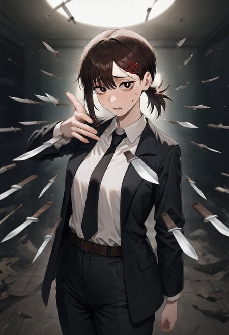 masterpiece, best quality, newest, absurdres, highres, 
anime, anime style, 
1girl, higashiyama kobeni \(chainsaw_man\), brown hair, collared shirt, black necktie, black jacket,
KFV1.0, knife, throwing, throw, throwing knife, 
multiple knives, holding, holding knife, weapon, holding weapon, 
knives between fingers,