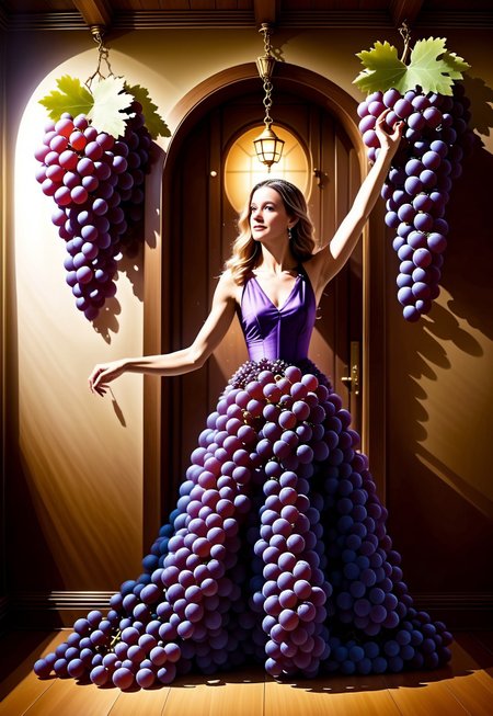 score_9, score_8_up, score_7_up, BREAK, realistic, photo, photorealistic,  Carrie,  dancing, ball room, party, grapes, dressed in a grape dress, grapes hanging from walls
