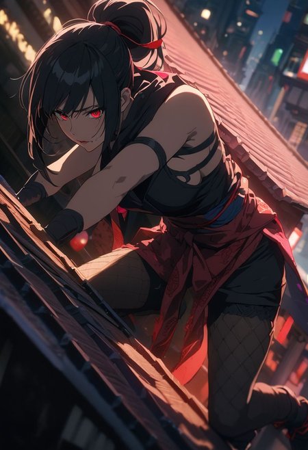 gorgeous lips, cinematic, (masterpiece), (best quality), (ultra-detailed), very aesthetic, illustration, perfect composition, intricate details, absurdres, detailed face, (anime, masterpiece, intricate:1.3), (best quality, hires textures, high detail:1.2), (4k),(incredibly detailed:1.4) 
vibrant colors, 1 girl, masterpiece, best quality, cinematic lighting, 1 shinobi girl, (shinobi), edo city at night, (on top of a roof), (hiding), ninja, low light, dark theme, edo, (oni mask), shinobi outfit, black hair, ponytail, red eyes, dark clothes, shadows, , more prism, vibrant color, dynamic pose, perfect body, fishnet top, nsfw