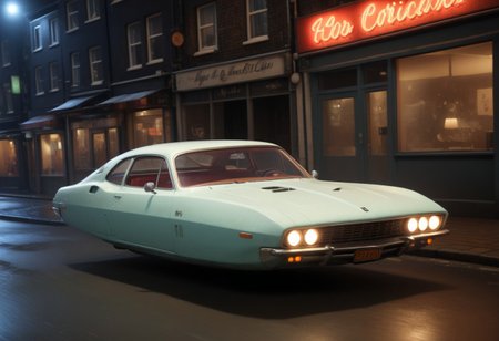 (hyper realistic:1.3), hyper detailed, masterpiece 8K, cinematic lighting, night time, volumetric light, (night time:1.4), splashing water, raining , depth of field, motion blur, skateboard, hovering car, , hovercar, soft lighting, hover_car, Hovering car, wheelless car, no wheels, after burner, jet propulsion, (high-speed chase cinematic:1.4), (dutch angle:2.9), (1950s  classic sedan car), retro cyberpunk style, clean lines, sharp edges, streamline, detailed, vintage style, 1950s, city streets,
perfect composition, beautiful detailed intricate insanely detailed octane render trending on artstation, 8 k artistic photography, photorealistic concept art, soft natural volumetric cinematic perfect light, chiaroscuro, award - winning photograph, masterpiece, oil on canvas, raphael, caravaggio, greg rutkowski, beeple, beksinski, giger