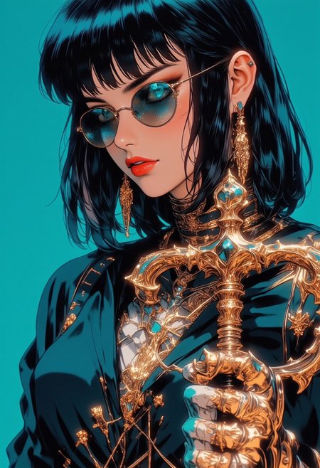 The woman has shoulder-length dark crimson hair with straight bangs. Her hair is sleek, and she has a subtle light highlight at the back.
She wears round, reflective sunglasses that have a slightly tinted teal hue, which match the background color.
The woman is dressed in a silver, possibly gold outfit, which gives 
She is accessorized with a large, intricate earring featuring ornamental details and chains. 
She also wears a black choker with metallic elements, enhancing the overall rebellious 
She holds a detailed, ornate Halbert in her right hand, which appears to have a gold or brass guard with intricate carvings. Chains dangle from the sword, adding a touch of elegance and uniqueness
The background is a bold, solid teal color, creating a striking contrast with her dark outfit and emphasizing the character