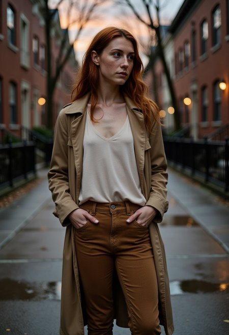 A stunning portrait in the style of Peter Lindbergh, capturing a busty young woman in her early 20s from Seattle, framed by the fading light of dusk. She has striking blue eyes and soft freckles, her wavy red hair slightly damp from the misty air. Her skin is sun-kissed, with a few freckles dusting her nose. She wears a loose, off-white linen blouse tucked into form-fitting corduroy pants, the fabric slightly worn at the edges. A long, camel-colored trench coat drapes over her shoulders, and scuffed brown leather boots complete her look. The setting is a quiet, tree-lined street with brick townhouses, their windows glowing warmly in the evening. Raindrops from an earlier drizzle still cling to the pavement, reflecting the deep oranges and purples of the sky. She stands in the middle of the street, backlit by the city’s glow, her hands tucked into her coat pockets, her head tilted slightly as she gazes toward the horizon with a thoughtful, almost wistful expression. The cinematic lighting enhances the depth of the moment, blending nostalgia with quiet elegance, capturing her in a fleeting, introspective pause.