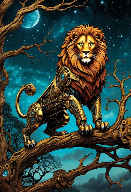 masterpiece, best quality, 
score_9, score_8_up, score_7_up, 
BREAK
(Masterpiece Digital Artwork:1.3) of (Graphic novel:1.3),(Proud:1.3) Steampunk style A stunningly intricate mechanical steampunk lion perches gracefully on a gnarled tree branch, its piercing gaze fixed directly upon the viewer. The creature's eyes are exquisitely detailed, reflecting the ethereal glow of a dark nebula that shimmers in the background. Soft bokeh adds an air of mystery to this captivating scene. . Antique, mechanical, brass and copper tones, gears, intricate, detailed,(by Artist Ethan Van Sciver:1.3),CGSociety,ArtStation,(Conceptual Art:1.3),(CMYK Colors:1.3)
