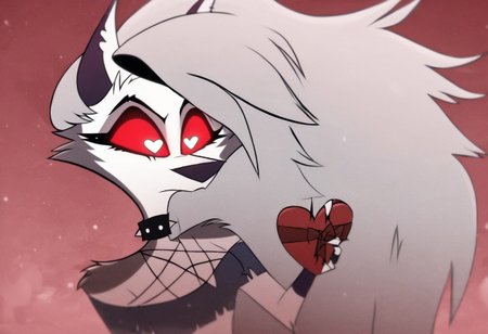 Loona \(Helluva Boss\), anthro, fingerless gloves, GREY HAIR, SILVER EYES, RED SCLERA, SPIKED COLLAR, PIERCED EYEBROW, CROP TOP, MICRO SHORTS, heart floating, heart-shaped pupils, aroused, heart eyes, cupid arrow, Valentine's day themed