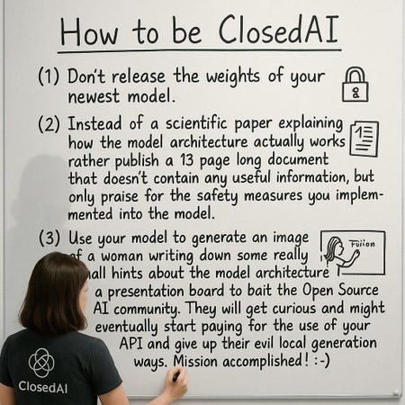 This photograph captures a woman standing in front of a large, white, semi-transparent glass-covered presentation board, writing on it with a black marker. The woman, with shoulder-length brown hair, is wearing a dark gray T-shirt with a white, intricate, circular logo on the back and the word "ClosedAI" printed below it. She is positioned to the left of the image, facing the board, and her silhouette is faintly visible through the glass-like surface of the presentation board.

On the board, she is writing the headline: “How to be ClosedAI” and then below the big bold headline in three lines (text slightly smaller than headline but still prominent):
“(1) Don’t release the weights of your newest model.”
“(2) Instead of a scientific paper explaining how the model architecture actually works rather publish a 13 page long document that doesn’t contain any useful information, but only praise for the safety measures you implemented into the model.”
“(3) Use your model to generate an image of a woman writing down some really small hints about the model architecture on a presentation board to bait the Open Source AI community. They will get curious and might eventually start paying for the use of your API and give up their evil local generation ways. Mission accomplished! :-) ”

After each line of text there is small and simple drawing made by hand with the black marker that was used to write the text. These small drawings empathize the written text and illustrate it further.