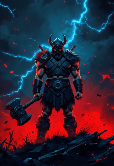 pst009,a viking warrior standing on a hill with a heavy warhammer in his hand, thunder and flash in the sky