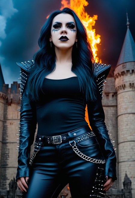 (Confident, strength, perky breasts, lips, long  hair, gothic:1.2), Stunning female model. black leather pants. Spiked pauldrons. Gothic face paint. Standing in front of a gothic castle. Pyrotechnics in the background, bursts of flame . (((Screaming at the viewer))). Looking at viewer. Wet look hair. Studio quality dynamic lighting, portrait photography. 8k, RAW photo, best quality, ultra high res, intricate, photorealistic, masterpiece, ultra-detailed, crisp.