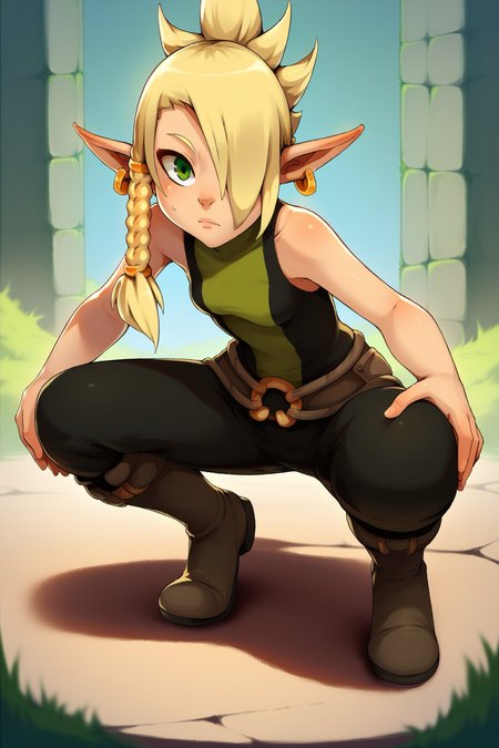 Score_9, score_8_up, score_7_up,  <lora:Cléophée:1> Cleophee, pointy ears, green eyes, long hair, blonde hair, hair over one eye, jewelry, braid, earrings, bare shoulders, knee boots, pants, belt, squatting, spread legs,