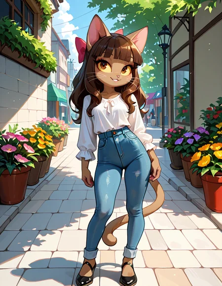 masterpiece, best quality, very aesthetic, absurdres,
outdoors,casual, 
full body, posing, 
seductive smile, parted lips, long eyelashes,
 <lora:Ivy_Pepper_v01_NAIXL:1>
1vyP3pp3r,1girl,solo,furry,furry female,cat girl,cat ears,brown hair,hair bow,long hair,blunt bangs,brown eyes,yellow sclera,animal nose,whiskers,body fur,cat tail,