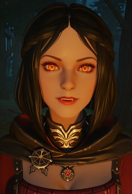 <lora:Serana_Volkihar:1> Serana_Volkihar, 1girl, female focus, vampire, yellow_orange_eyes, medium_hair, black_hair,  cloak, vampire_royal_armor, necklace_with_amulet, close_up, in a forest, under a moonlit night, looking at viewer, 3d