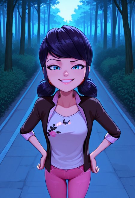 bright colors, detailed background,, volumetric light, vivid colours, standing,
looking at viewer, outdoors, overcast, dark, forest, vines, ponypositive, solo, solo focus, open hands on hip, single eyebrow lifted, smirk,
Marinette Dupain-Cheng, shoulder-length black hair with blue reflections tied back in pigtails, light pink lips, fair skin, bright bluebell eyes, unbuttoned jacket, white T-shirt, pink jeans, 
Smooth Quality,
best quality, hyper detailed, ambient stylish expressive lighting, absolutely eye-catching masterpiece, body extremely close-up view, (facing viewer), forward, face extremely close-up shot, chest focus, selfie,