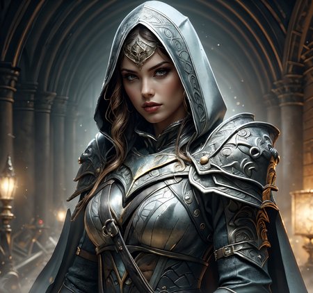 RAW photo, (masterpiece:1.3), subsurface scattering, heavy shadow, (high quality:1.4), (intricate, high detail:1.2), professional photography, HDR, High Dynamic Range, realistic, ultra realistic, photorealistic, high resolution, film photography, ambient lighting, atmospheric effects, <lora:detail_slider_v4:2>, OverallDetail, <lora:Clerics:0.8>, (evil) female cleric, upper body, black intricate armor, black cape, hood, epiCPhoto