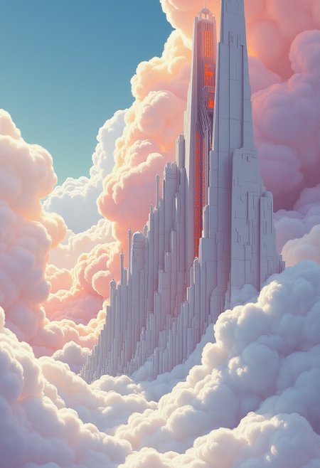 Imagine a masterpiece that blends the ethereal whimsy of Edmund Dulac's illustrations with the futuristic elegance of Syd Mead's designs. The photograph presents a majestic structure, sliced diagonally into two halves: the left half is made of soft, flowing clouds, while the right half consists of smooth, polished marble.The clouds, in pastel shades of lavender and peach, drift gracefully from the top to the bottom of the image, creating a dreamy, ethereal backdrop. They seem almost tangible, as if you could reach out and touch them. The marble portion, on the other hand, is meticulously detailed with intricate patterns and textures that reflect light in mesmerizing ways, giving it an almost holographic quality.The structure itself—a grand architectural marvel—melds these two very different materials seamlessly. Its upper half, shaped like a soaring tower or perhaps a floating dome, contrasts sharply yet harmoniously with the lower half of marble. The diagonal cut creates a sense of motion and dynamism, as if the building is in the process of transforming from one material to another.The overall composition is a perfect blend of the vintage charm and fantasy of Dulac's illustrative style with Mead’s futuristic vision. The colors are soft yet vibrant, creating a mood that is simultaneously magical and modern. The viewer is left with a sense of wonder at the imaginative collaboration between these two iconic artists, where reality and imagination intersect in a breathtaking visual symphony.    aidmaMJ6.1.