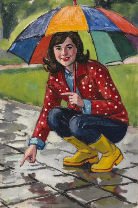 henrylymansayen1 painting.
A young woman, angled from slightly above and to the right, crouching low to the ground in a puddle. The young woman is wearing bright yellow rubber boots and a red jacket with white polka dots. The jacket sleeves are pushed up to reveal blue cuffs. The young woman also wears dark blue jeans and has a smile on her face as she extends her right index finger to touch the water in the puddle. She holds a large, open umbrella with rainbow-colored panels and a red handle over her.
The ground is wet and paved with grey stones, reflecting the sky and umbrella. The background is slightly blurred, showing hints of green grass and trees. The lighting is overcast and diffused, typical of a rainy day.
 <lora:henrylymansayen1_cap_d6a3:1.0><lora:861469950496241007:0>