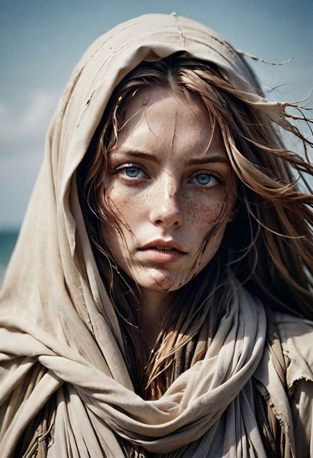 Super Closeup Portrait, Create a DARK dystopian description capturing the essence of a freckled cyborg woman in a close-up photograph, featuring real human blue-gray eyes with an intense gaze. The subject has long flowing hair, draped in a ghostly linen cloak billowing in the wind. The face is a striking fusion of half-cyborg with intricately crafted gold elements and half-human skin, creating a mesmerizing and enigmatic presence. standing at the ocean in bright sunlight, ethereal, sunray, 
very detailed, atmospheric haze, Film grain, cinematic film still, shallow depth of field, highly detailed, high budget, cinemascope, moody, epic, OverallDetail, gorgeous, 2000s vintage RAW photo, photorealistic, candid camera, color graded cinematic, eye catchlights, atmospheric lighting, skin pores, imperfections, natural, shallow dof