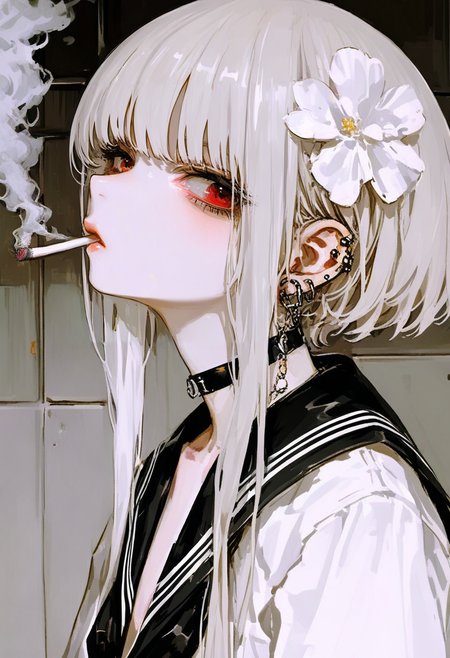 1girl, solo, cigarette, red eyes, looking at viewer, smoking, sailor collar, piercing, hair ornament, choker, jewelry, school uniform, ear piercing, hair flower, bangs, earrings, serafuku, smoke, flower, mouth hold, white hair, upper body, sidelocks, from side, short hair, black sailor collar, short hair with long locks, white shirt <lora:748cmXL_NBVP1_lokr_V6311P:0.95>