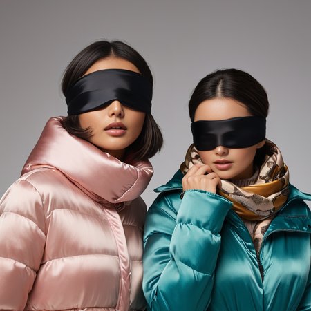 satin_scarf_blindfold, two women, puffer jackets
 <lora:satin_scarf_blindfold:0.3>