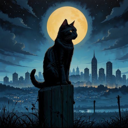 A painting of a cat sitting on a post in a field with a silhouette of the city in the background. Night.

<lora:PopArt01a_CE_XL_300-OT:0.6> popartCE_style