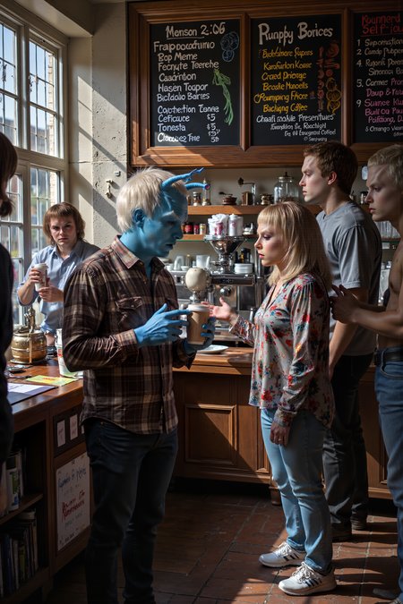 An Andorian man with bright blue skin and white hair is standing in line at a coffee shop, holding a reusable cup with a frustrated look on his face. His antennae droop slightly as he stares at the extensive, complicated menu board above the counter, clearly overwhelmed by the number of drink options. Wearing a simple brown flannel shirt, black jeans, and sneakers, he fumbles with his phone, trying to look up what a âfrappuccinoâ is, while the person behind him impatiently taps their foot. A barista with wide eyes glances nervously at his antennae as they bob in agitation. The cozy cafe is filled with the comforting hum of coffee machines and the rich scent of roasted beans, while sunlight filters through the windows, casting soft shadows on the floor. The Andorian's antennae twitch whenever someone calls out an unfamiliar drink order, adding to his growing confusion. A nearby chalkboard proudly advertises "Pumpkin Spice Season," which only deepens his uncertainty. The scene captures the amusing clash between an alien visitor and the complexity of modern coffee culture.<lora:midjourney_whisper_flux_lora_v01:0.55><lora:aidmaMJ6.1-FLUX-V0.1:0.4><lora:FluxMythP0rtr4itStyle:0.4><lora:detailed_flux_ntc:2.2><lora:aidmaImageUpgrader-FLUX-V0.1:0.65><lora:andorian_FLUX>