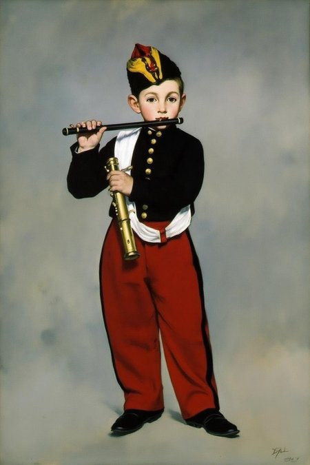 edmanet1 painting.
A young boy stands upright, playing a fife . He is dressed in a historical military uniform, featuring a dark navy blue jacket with gold buttons and red trousers. <lora:edmanet1_cap_d6a3e13:1.0><lora:834753699151758378:0>