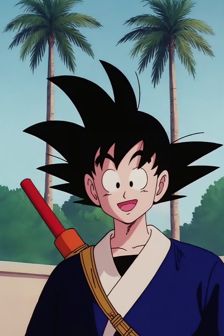source_anime, score_9, score_8_up, score_7_up, anime screencap,8k, absurd res, 
son goku, aged up, solo, smile, open mouth, black hair, 1boy, upper body, :d, male focus, outdoors, sky, day, black eyes, tree, blue sky, spiked hair, palm tree, dougi, raised eyebrows, weapon on back, nyoibo, looking at another, hand on head, long sleeves, black undershirt, blue kimono, collarbone, 1980s \(style\), retro artstyle
 <lora:gokudb_pony_v3:0.8>