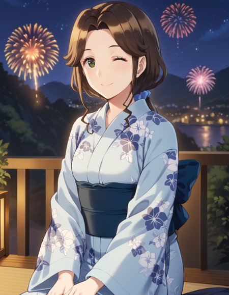 score_9, score_8_up, score_7_up, source_anime, BREAK
1girl, looking at viewer, blurry, blurry background, night, sky, dark, stars, fireworks,
konomi moriya, long hair, brown hair, parted bangs, sidelocks, dark green eyes, 
blue hair scrunchie, blue yukata, floral print, long sleeves, obi, one eye closed, smile, medium breasts, 
night, simple background, on top of mountain, cliff edge, cityscape, citylights, cliff, 
<lora:konomi_moriya_anime-soralz:1>