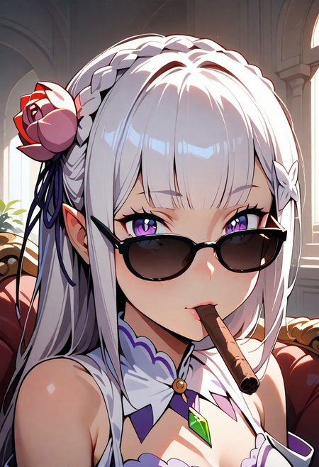1girl, solo, emilia \(re:zero\), hair ornament, hair flower, bare shoulders,  upper body, looking at viewer, smoking cigar, looking over eyewear, sunglasses, chaise longue, indoors, sidelighting, dark, masterpiece, best quality, very aesthetic, absurdres, re:zero kara hajimeru isekai seikatsu