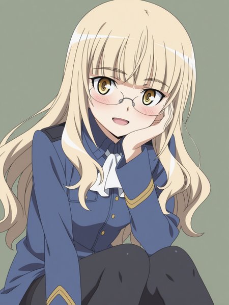 masterpiece, best quality, amazing quality, detailed background, perfect eyes, anime coloring, anime screenshot, 1girl, solo, perrine h. clostermann, blonde hair, long hair, yellow eyes, glasses, military uniform, blue jacket, long sleeves, ascot, black pantyhose, panties under pantyhose, looking at viewer, hand on own face, smile, blush, open mouth,  (simple background, rose frame)