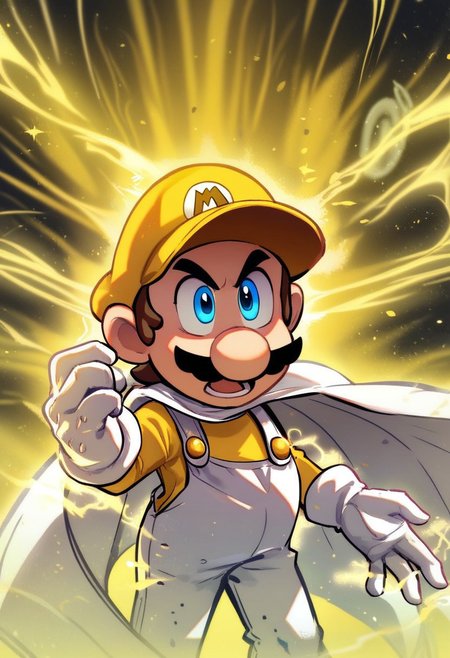 score_9, score_8_up, score_7_up , feet shoulder-width apart, knees slightly bent, strong grounded stance, arms bent at elbows, fists clenched tightly, open mouth, upper body,
Kipowerup,glowing energy field, sharp jagged energy waves,energy radiating from skin, yellow aura,big ki
   , masterpiece, beautiful,,ITMario,cartoon-style,yellow hat,yellow long-sleeved shirt, white overalls, white cape,moustache, round nose, white gloves, yellow buttons, brown hair, blue eyes, short hair,