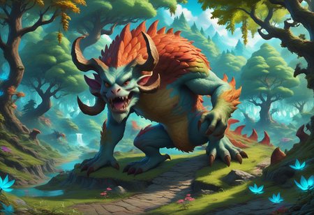 zPDXL, High Fantasy Realm landscape, noon, enchanted forest, vibrant colors, vibrant, mythical creatures and monsters, fantasy style