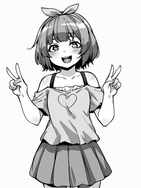 score_9, score_8_up, score_7_up,  
1girl, monochrome, mio tt, medium hair, grey hair, ribbon hairband, flat chest, 
standing, white background, v, smile, open mouth, heart shaped pupils, looking at viewer, 
t-shirt, off-shoulder shirt, short sleeves, skirt, 